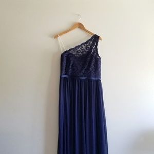Navy blue lace one shoulder bridesmaids prom dress